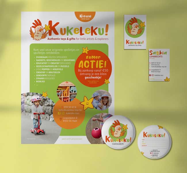 Branding van kinderwinkel Kukeleku. Affiche, cadeaubon en visitekaartjes