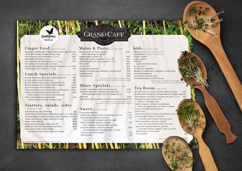 Onderlegger menu voor het Grand Café van Centerparcs De Haan